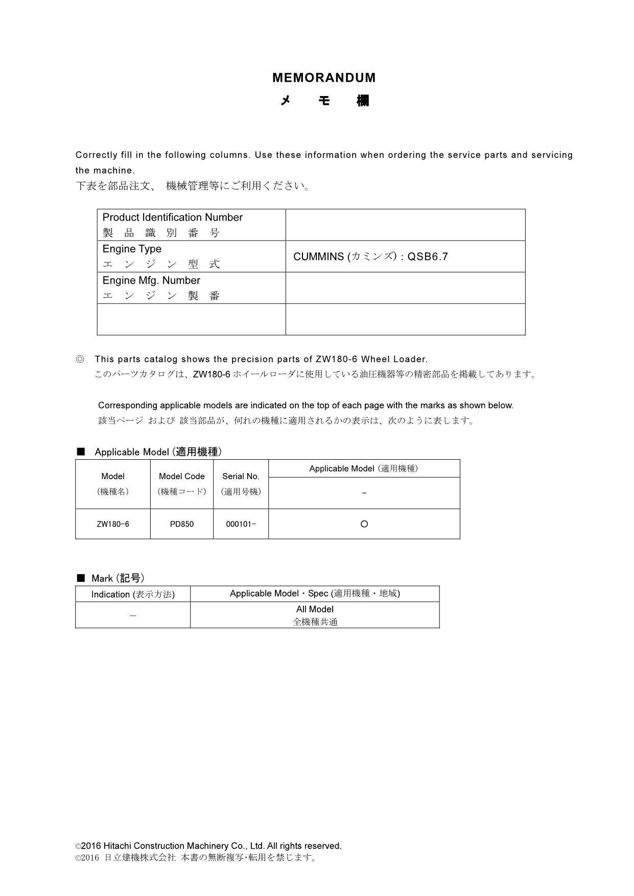 Hitachi ZW180-6 Equip Component Wheel Loader Parts Catalog Manual SN 000101-up