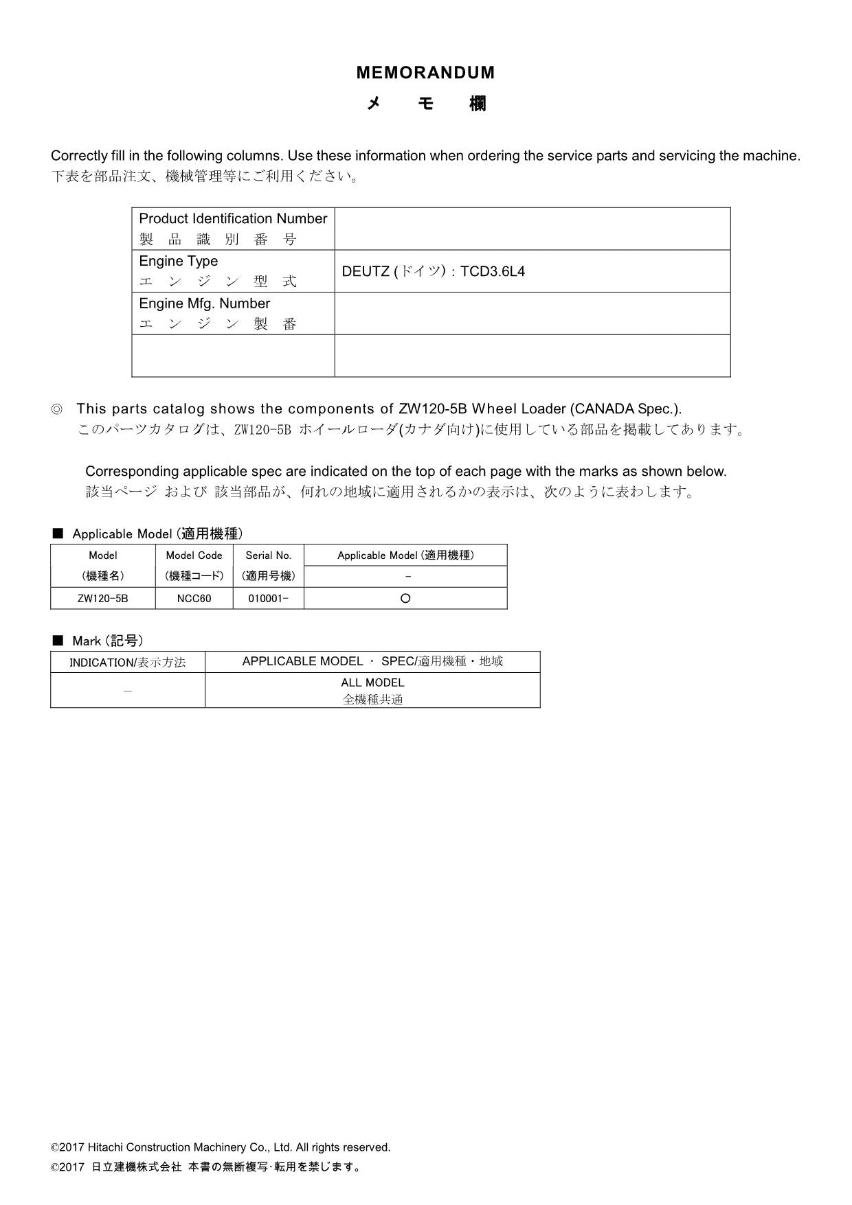 Hitachi ZW120-5B CANADA Spec Wheel Loader Parts Catalog Manual SN 010001-up