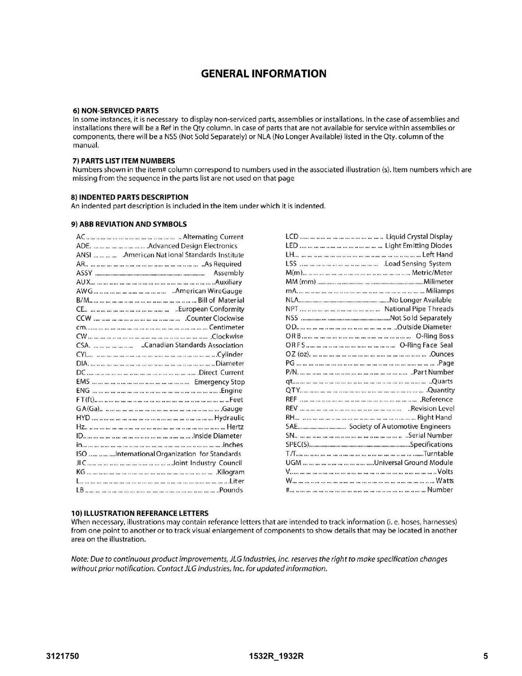 JLG 1532R 1932R Scissor Lift Parts Catalog Manual