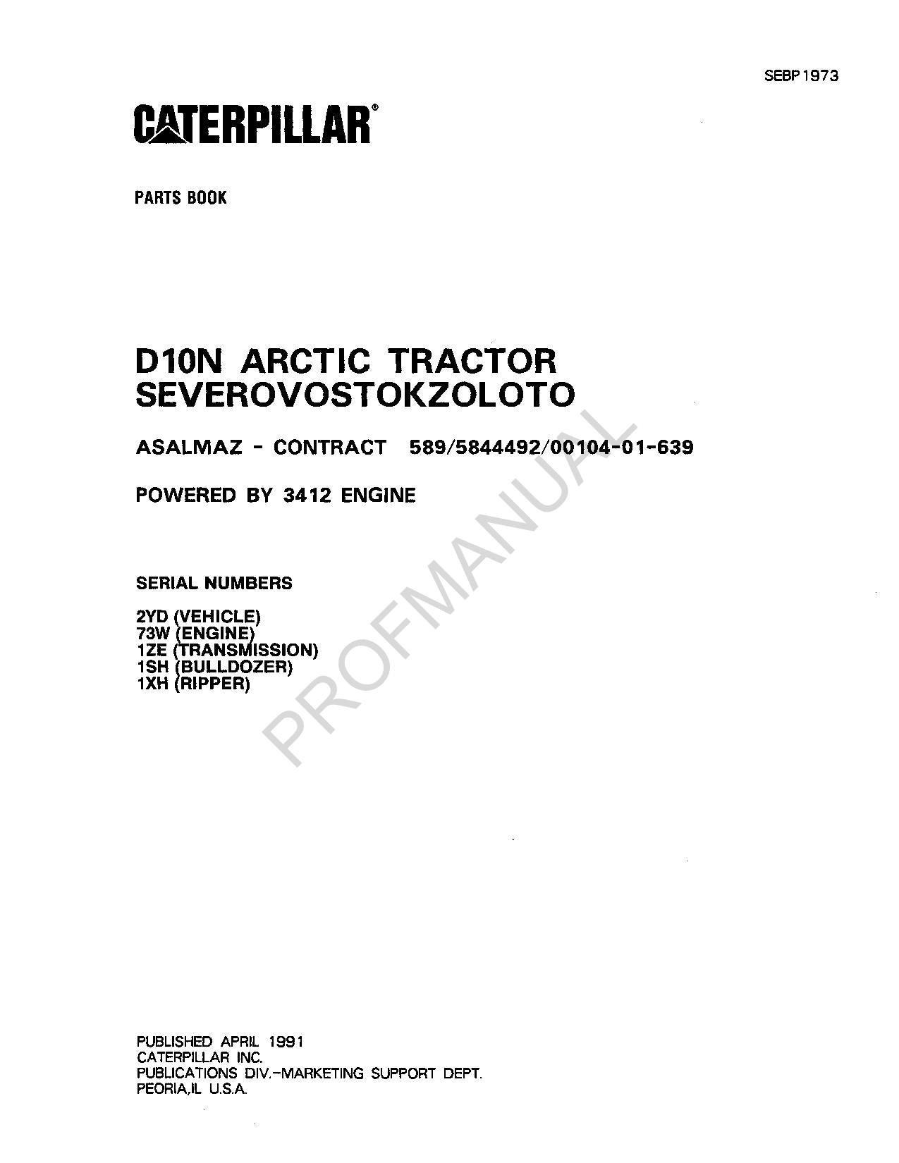 Caterpillar Cat D10N Arctic Tractor Parts Catalog Manual SEBP1973