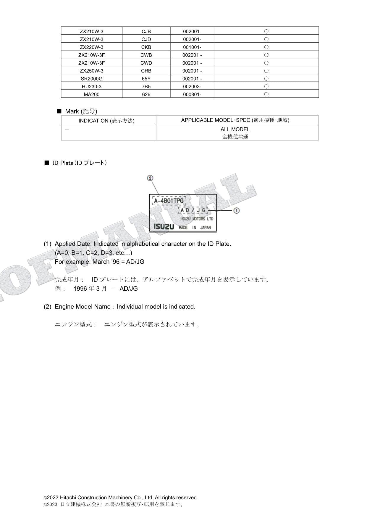 HITACHI 210W-3 250W-3 SR2000G HU230-3 MA200 ISUZU Engine Parts Catalog Manual