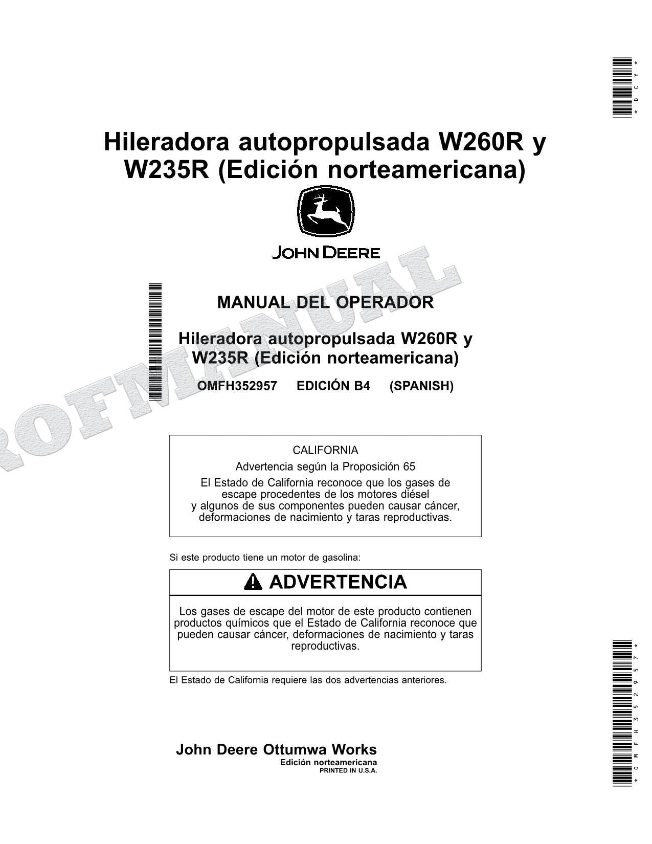 John Deere W235R W260R hileradora Manual del Operador Español SN -509999