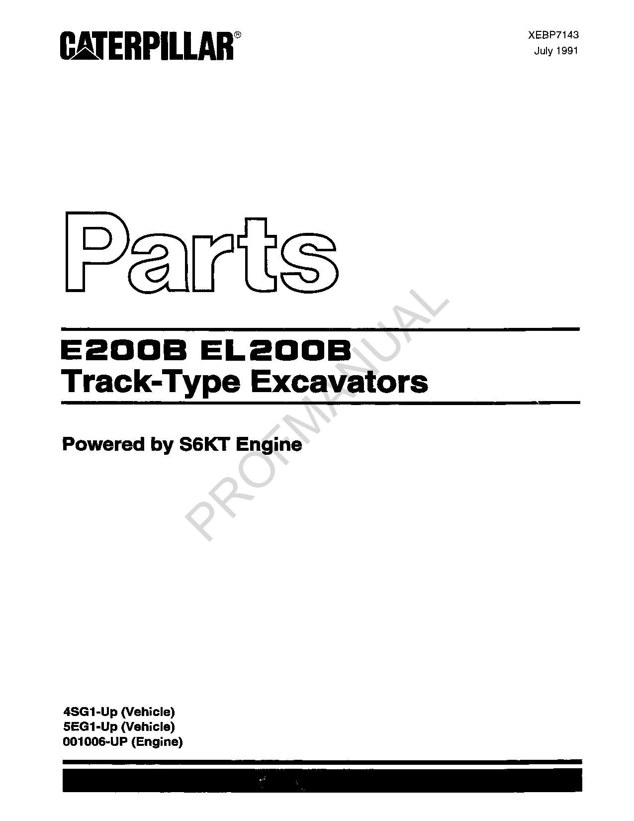 Caterpillar Cat E200B EL200B Track Type Excavator Parts Catalog Manual XEBP7143