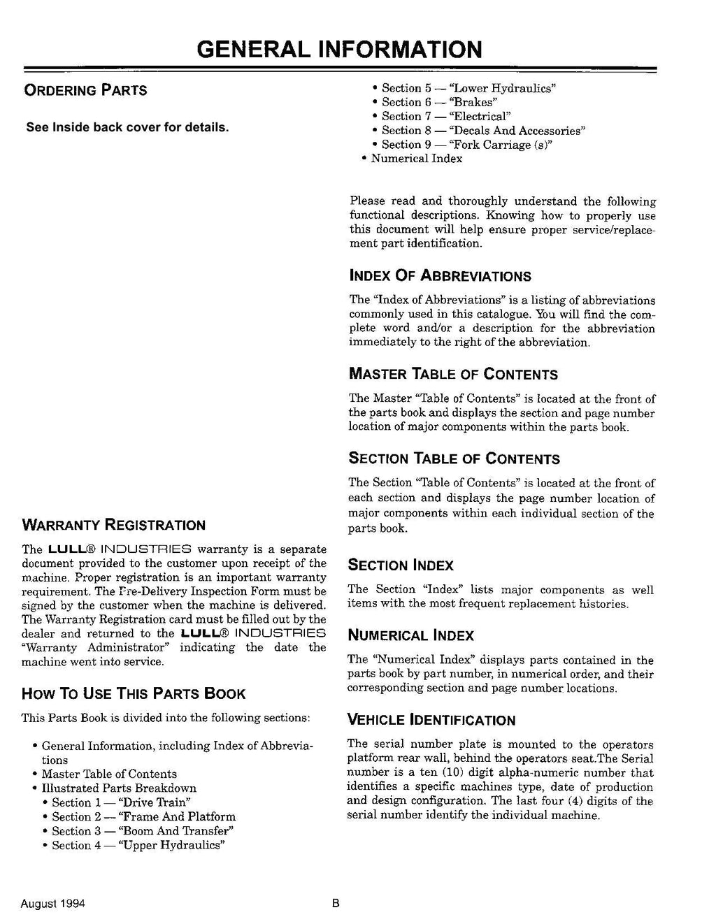 JLG LULL 644 Telehandler Parts Catalog Manual
