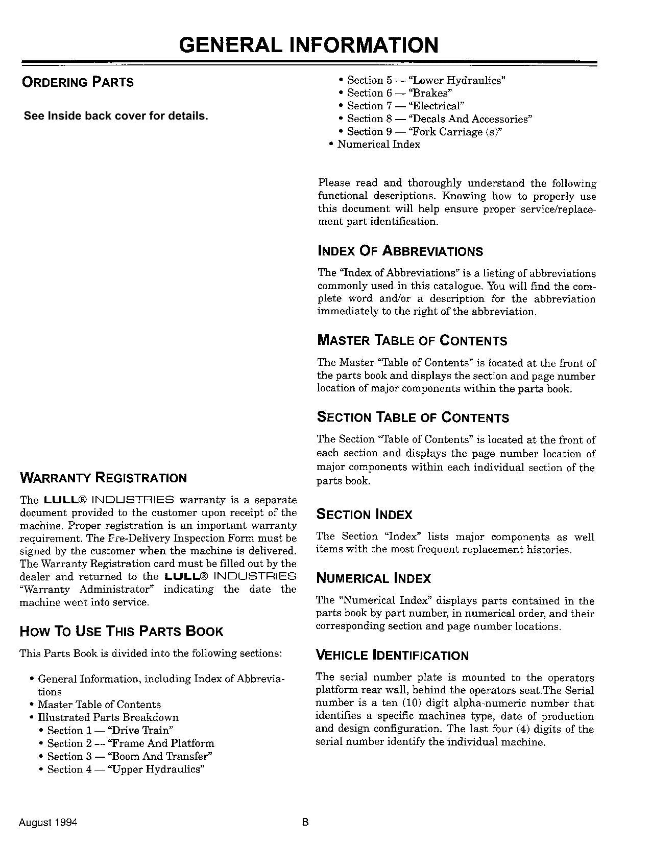 JLG LULL 644 Telehandler Parts Catalog Manual
