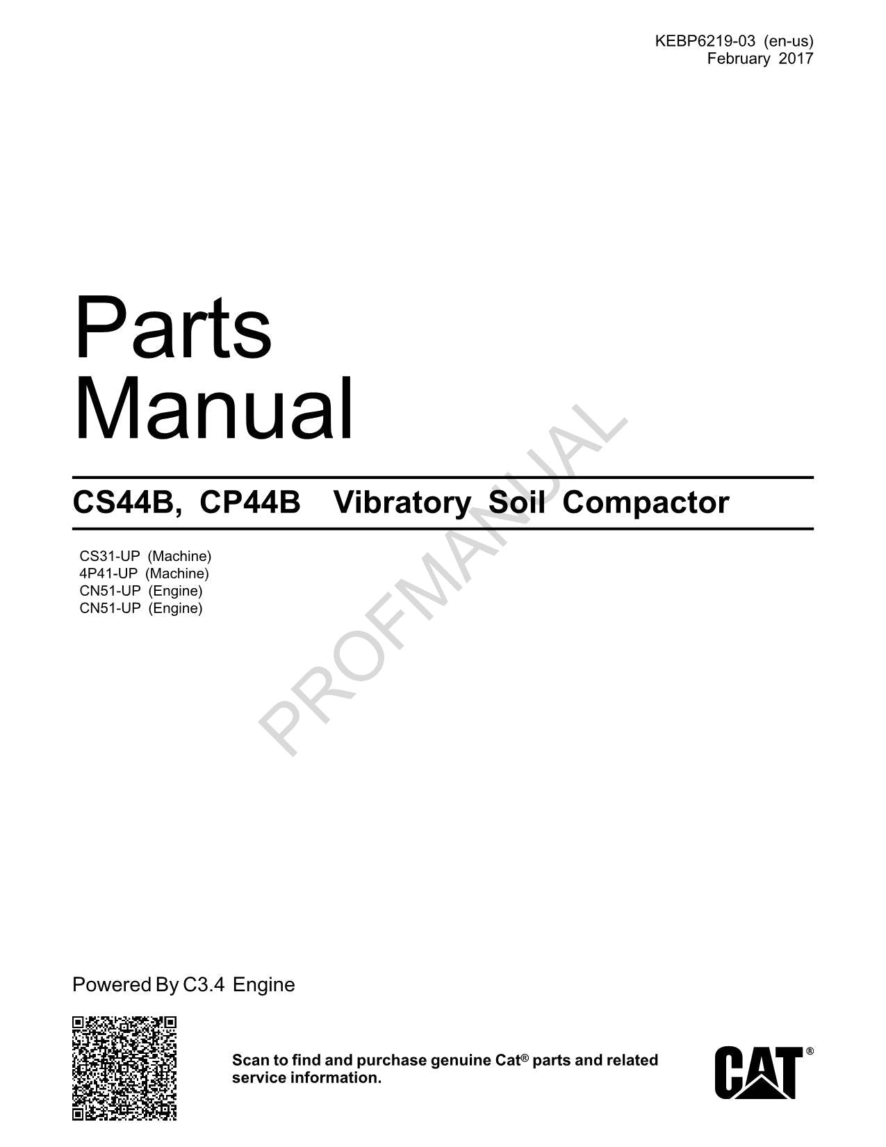 Caterpillar CS44B CP44B Vibratory Soil Compactor Parts Catalog Manual KEBP6219