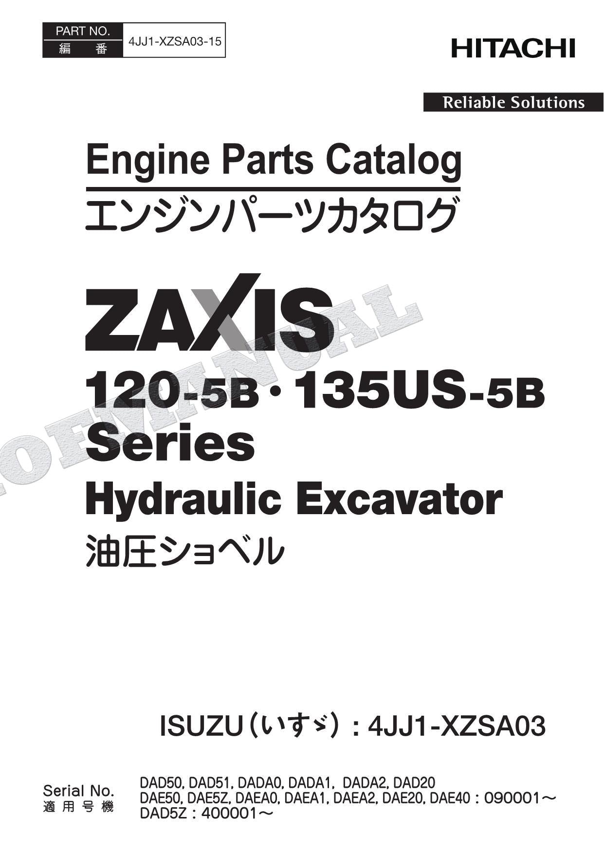 HITACHI ZX120-5B 135US-5B Series ISUZU 4JJ1-XZSA03 Engine Parts Catalog Manual