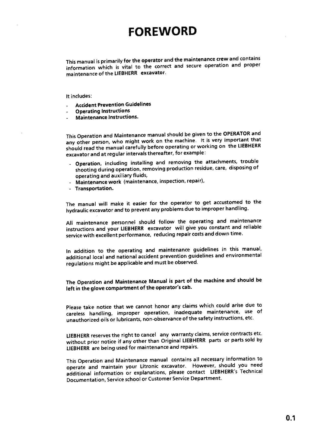 Liebherr A944 HD Litronic Excavator Operators manual