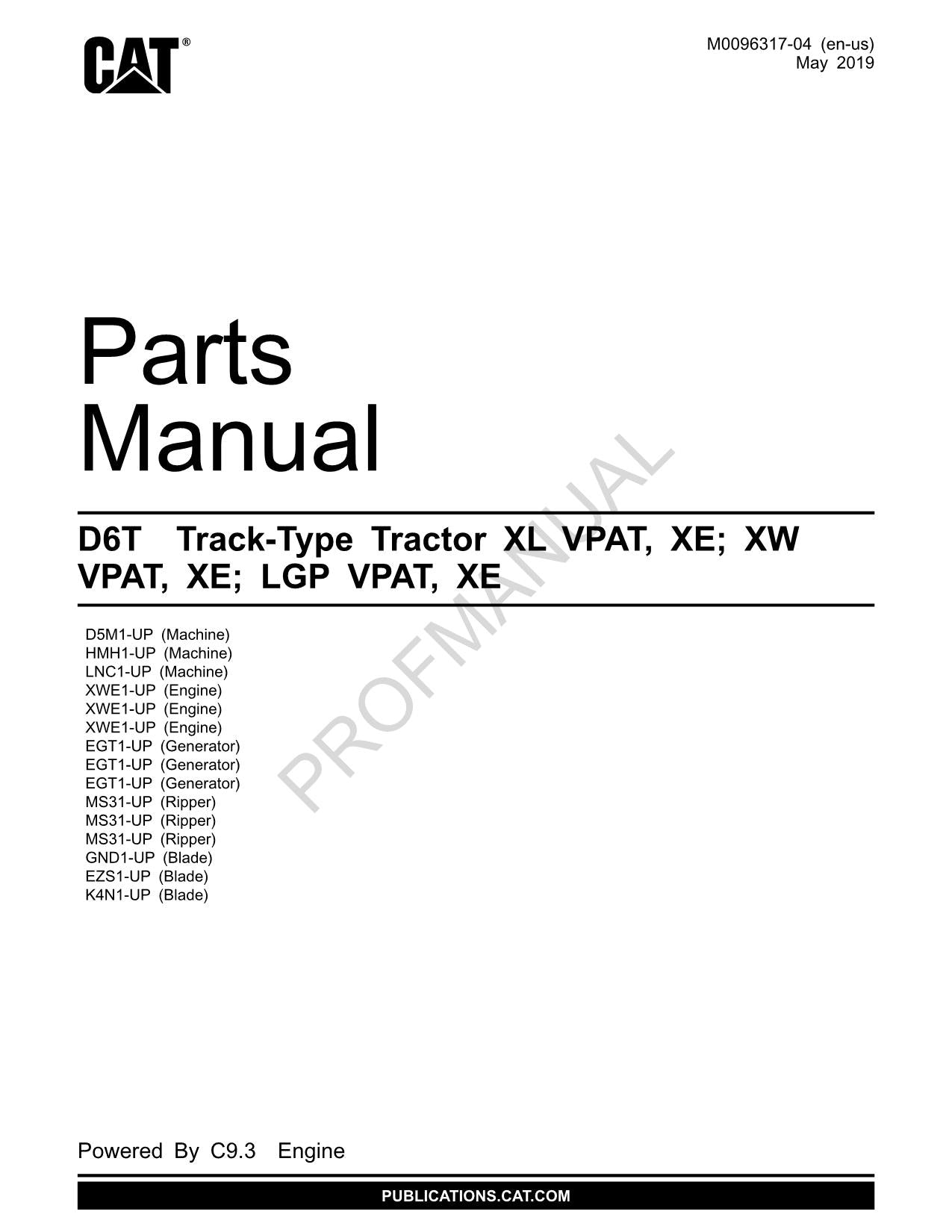 Caterpillar Cat D6T Track Type Tractor Parts Catalog Manual M0096317