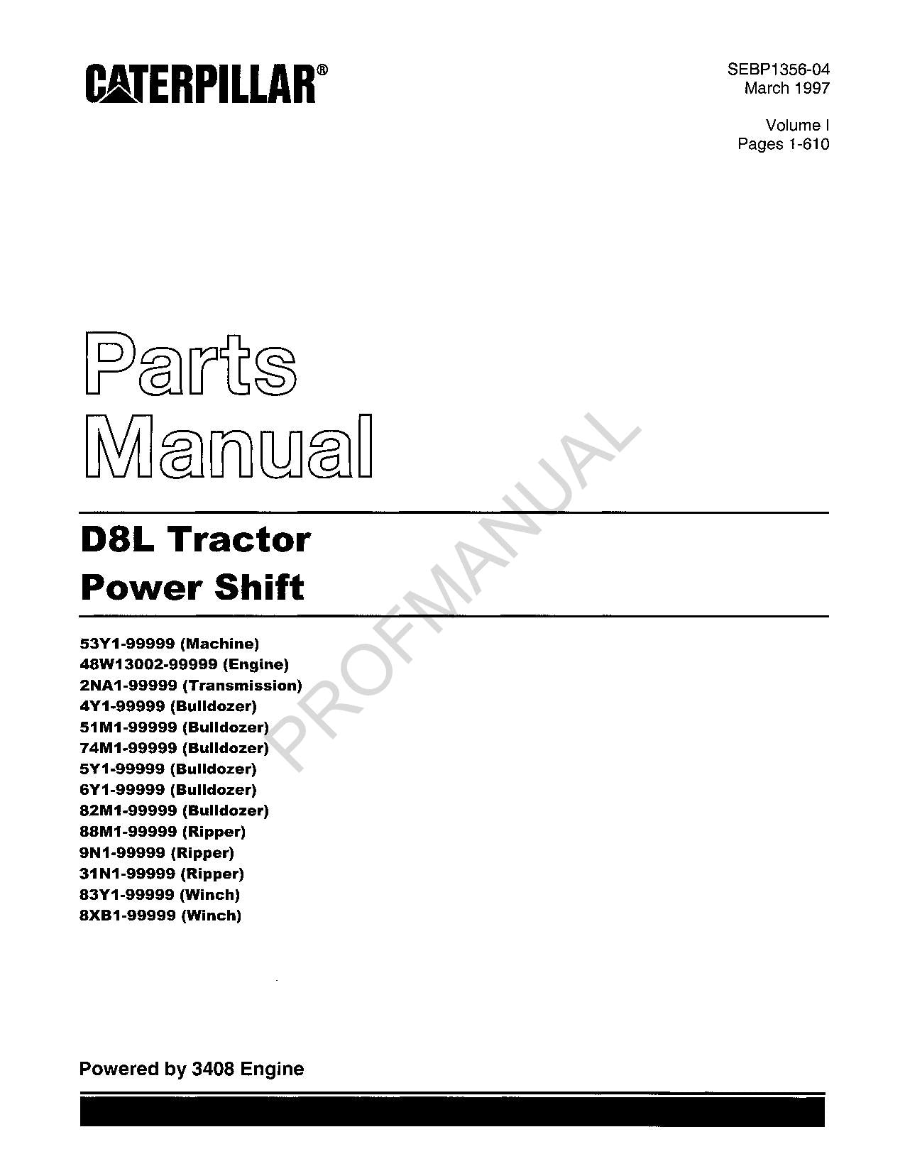 Caterpillar Cat D8L Tractor Power Shift Parts Catalog Manual SEBP1356