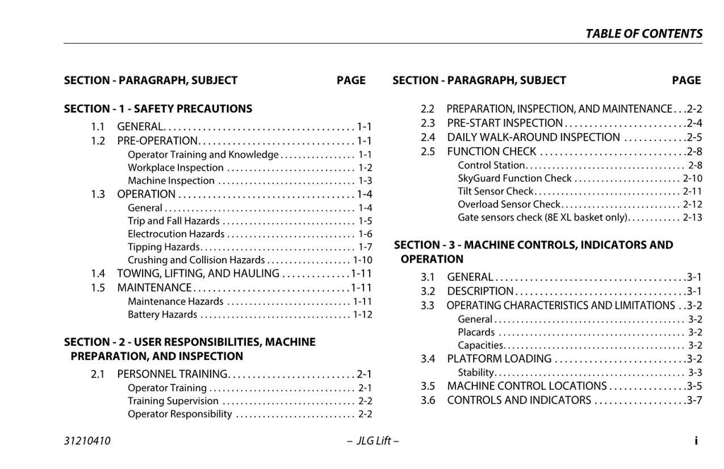 TOUCAN 10E 20E 26E 8E Vertical Lift Maintenance Operators Manual 31210410