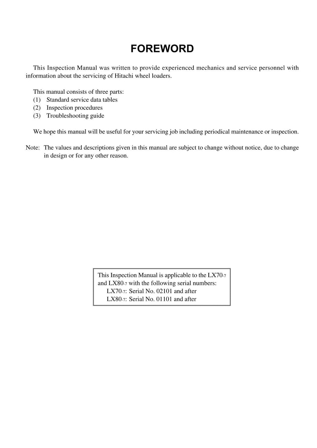 Hitachi LX70-7 LX80-7 Wheel Loader Inspection Manual