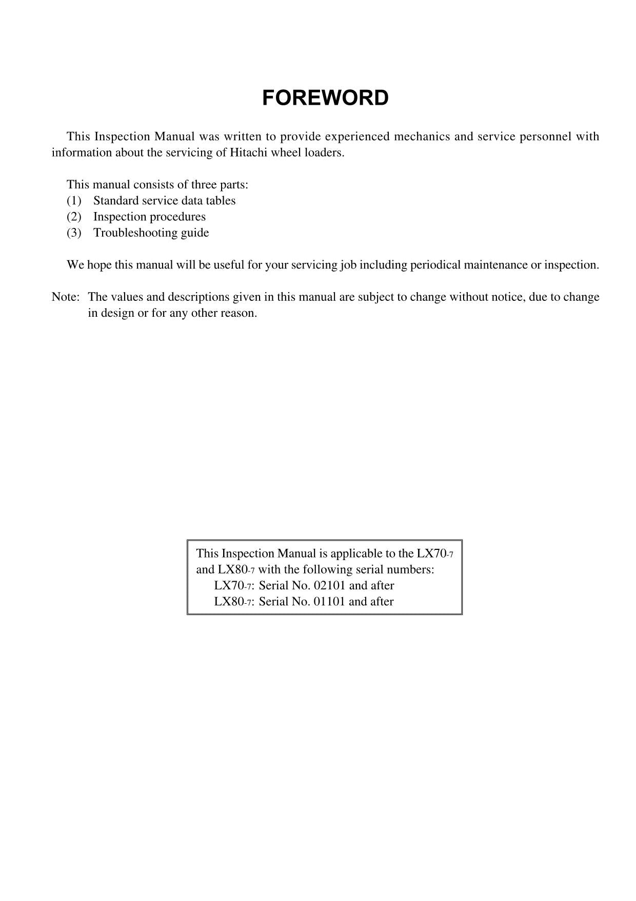 Hitachi LX70-7 LX80-7 Wheel Loader Inspection Manual