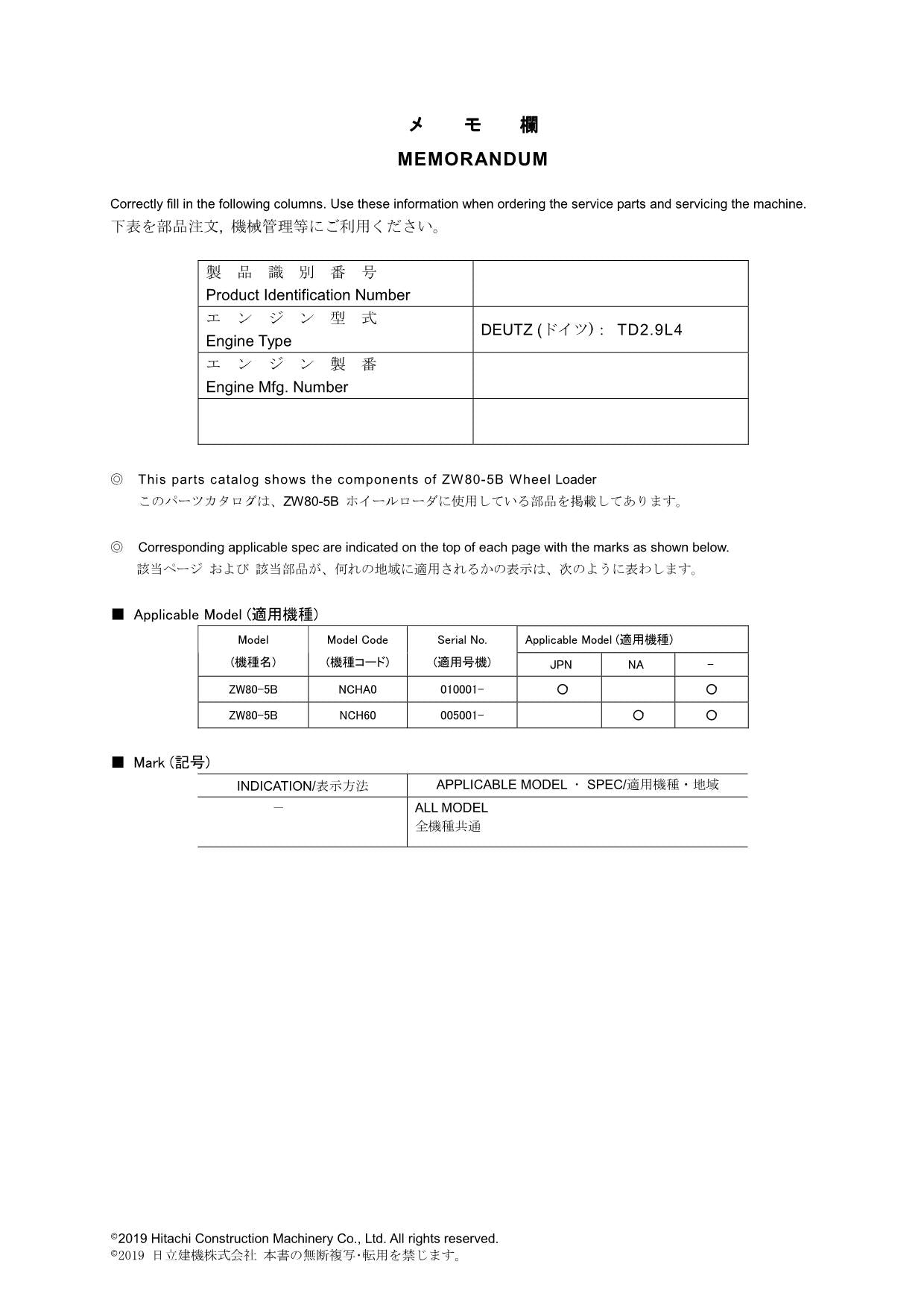 Hitachi ZW80-5B Wheel Loader Parts Catalog Manual SN 010001-up 005001-up