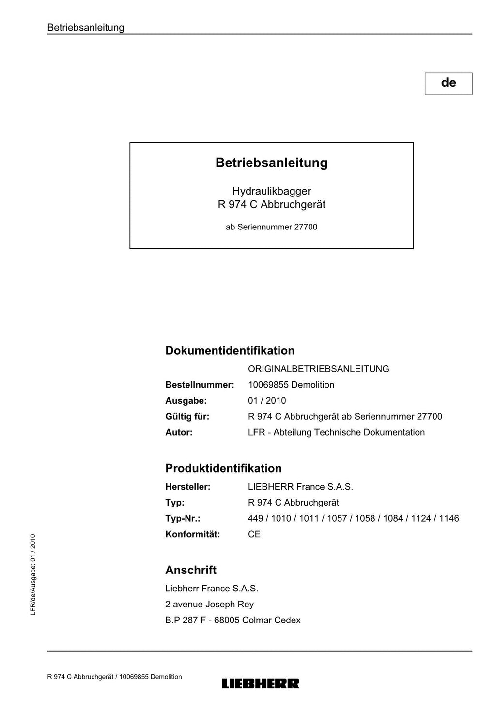 Liebherr R974 C Abbruchgerät 27700 Hydraulikbagger Betriebsanleitung