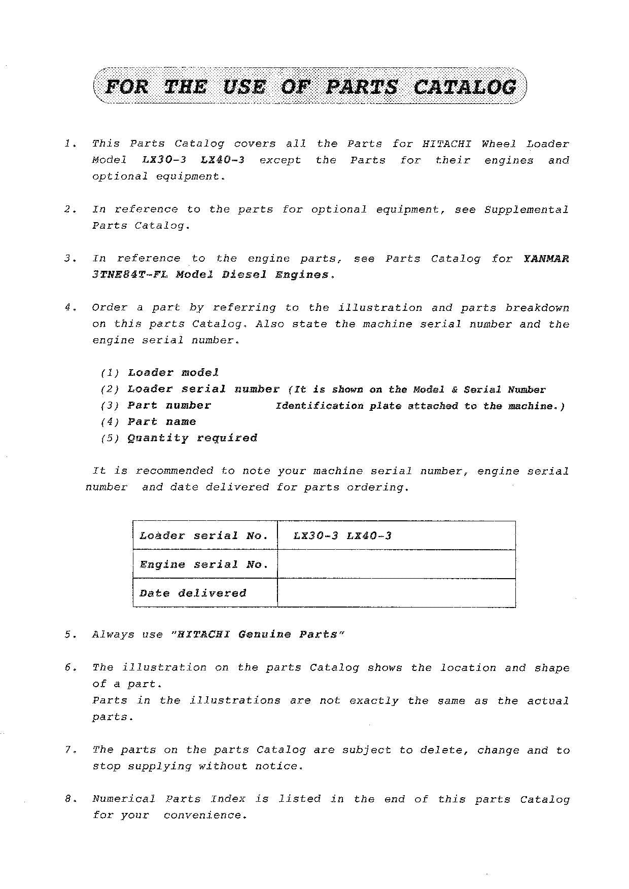 Hitachi LX30-3 LX40-3 Wheel Loader Parts Catalog Manual SN all
