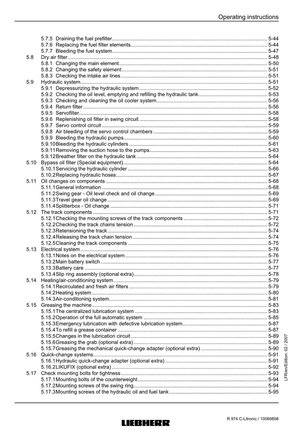 Liebherr R974 C-Litronic Excavator Operators manual serial 15259