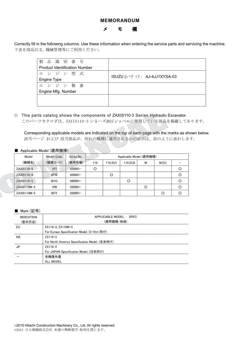 HITACHI ZAXIS ZX110-3 ZX110M-3 Excavator Parts Catalog Manual