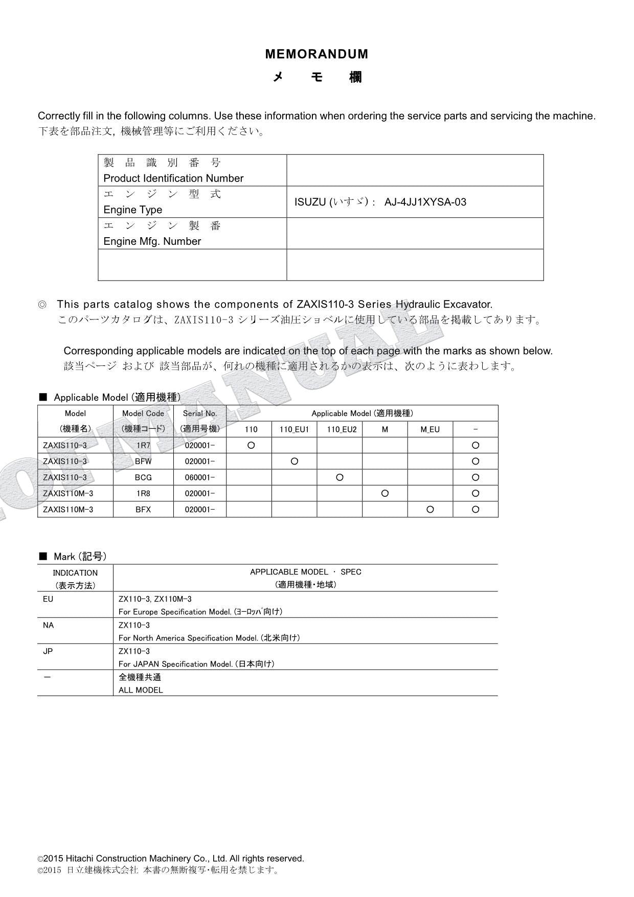 HITACHI ZAXIS ZX110-3 ZX110M-3 Excavator Parts Catalog Manual