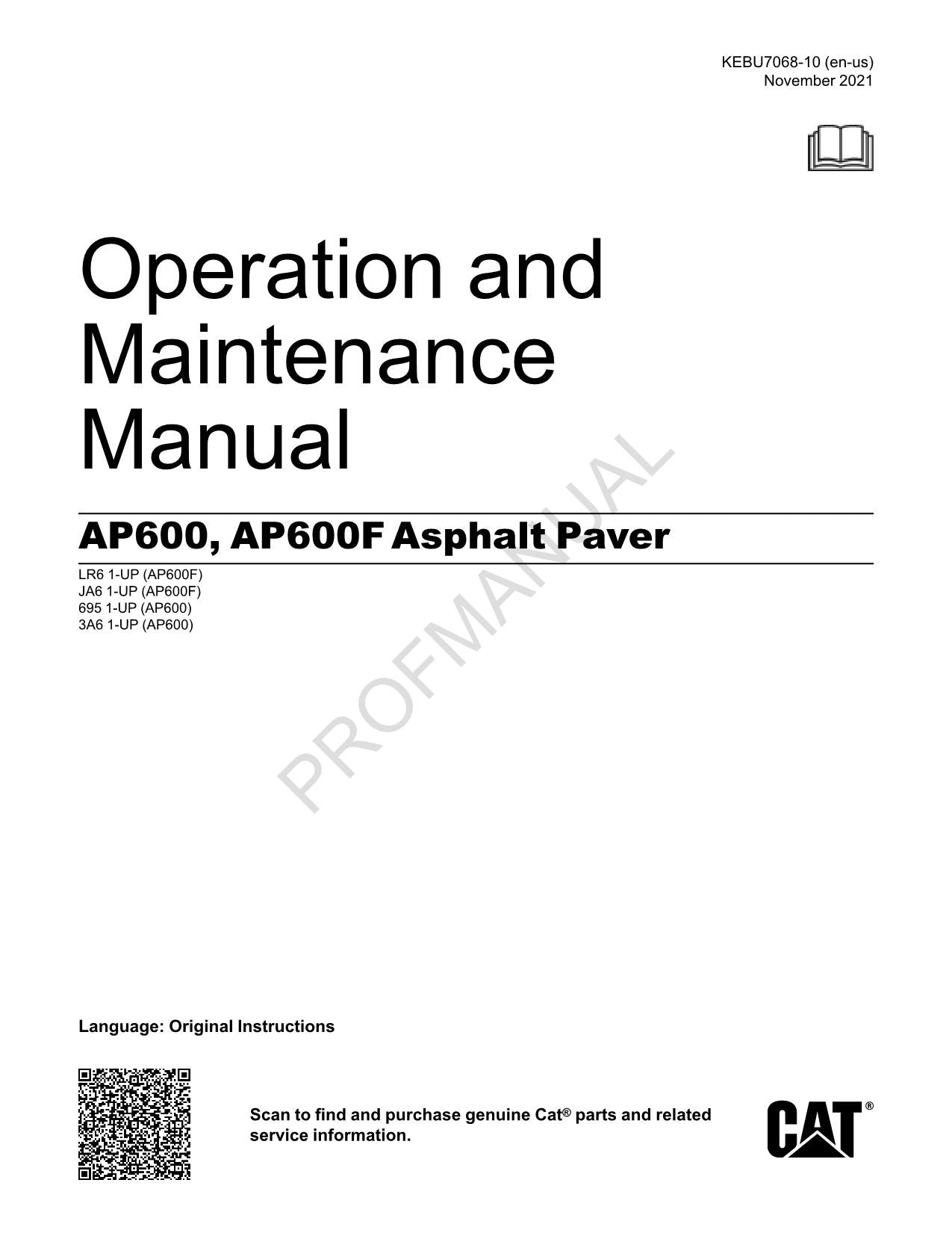 Caterpillar AP600 AP600F Asphalt Paver Operators Maintenance Manual