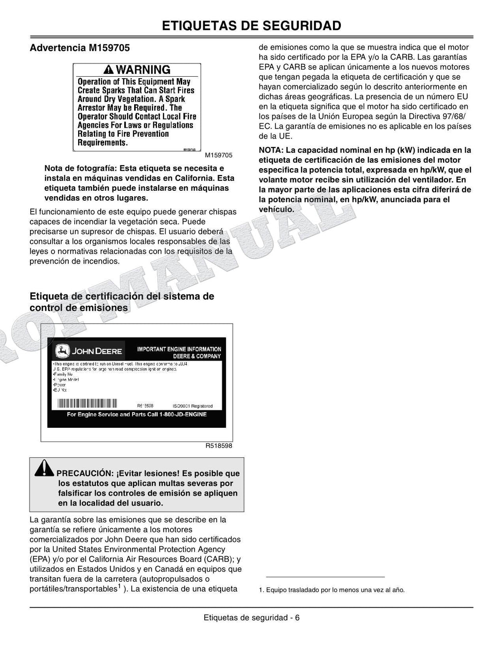 John Deere SN 4520 650001-810000 4720 670001-810000 Tractor Manual del Operador