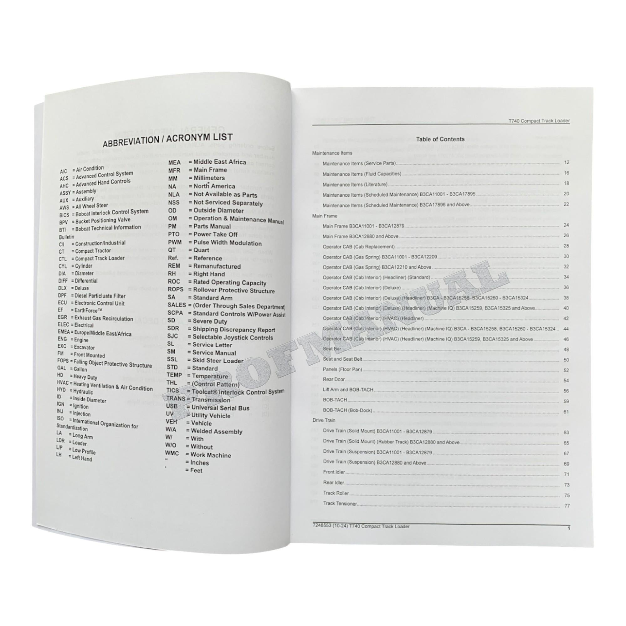Bobcat T740 Compact Track Loader Parts Catalog Manual B3CA11001-