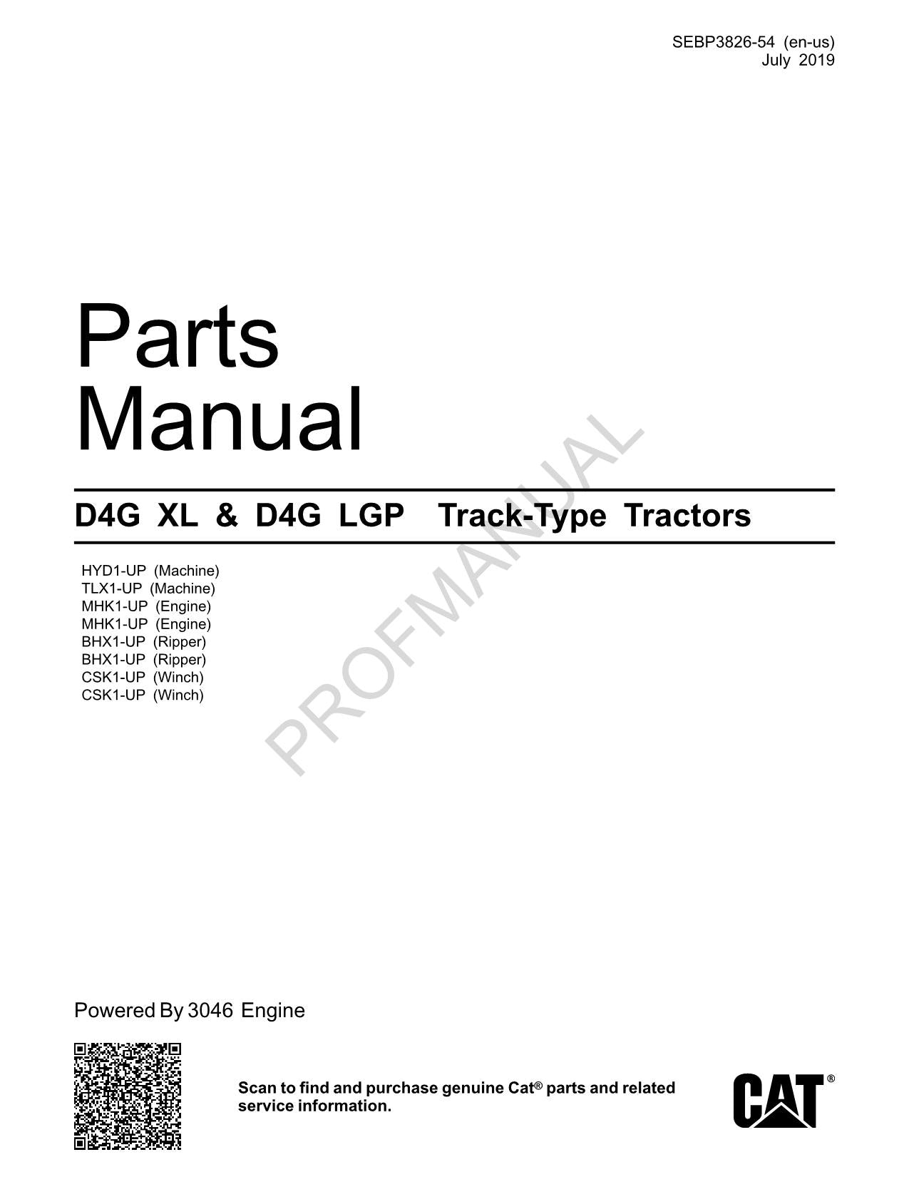 Caterpillar Cat D4G XL D4G LGP Track Type Tractor Parts Catalog Manual SEBP3826