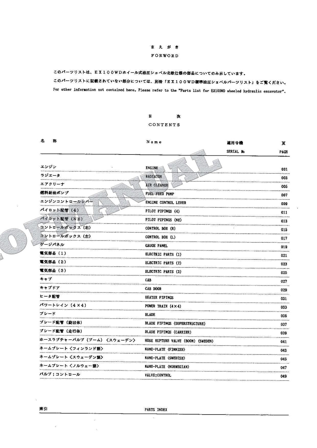 HITACHI EX100WD ADDENDUM Excavator Parts Catalog Manual