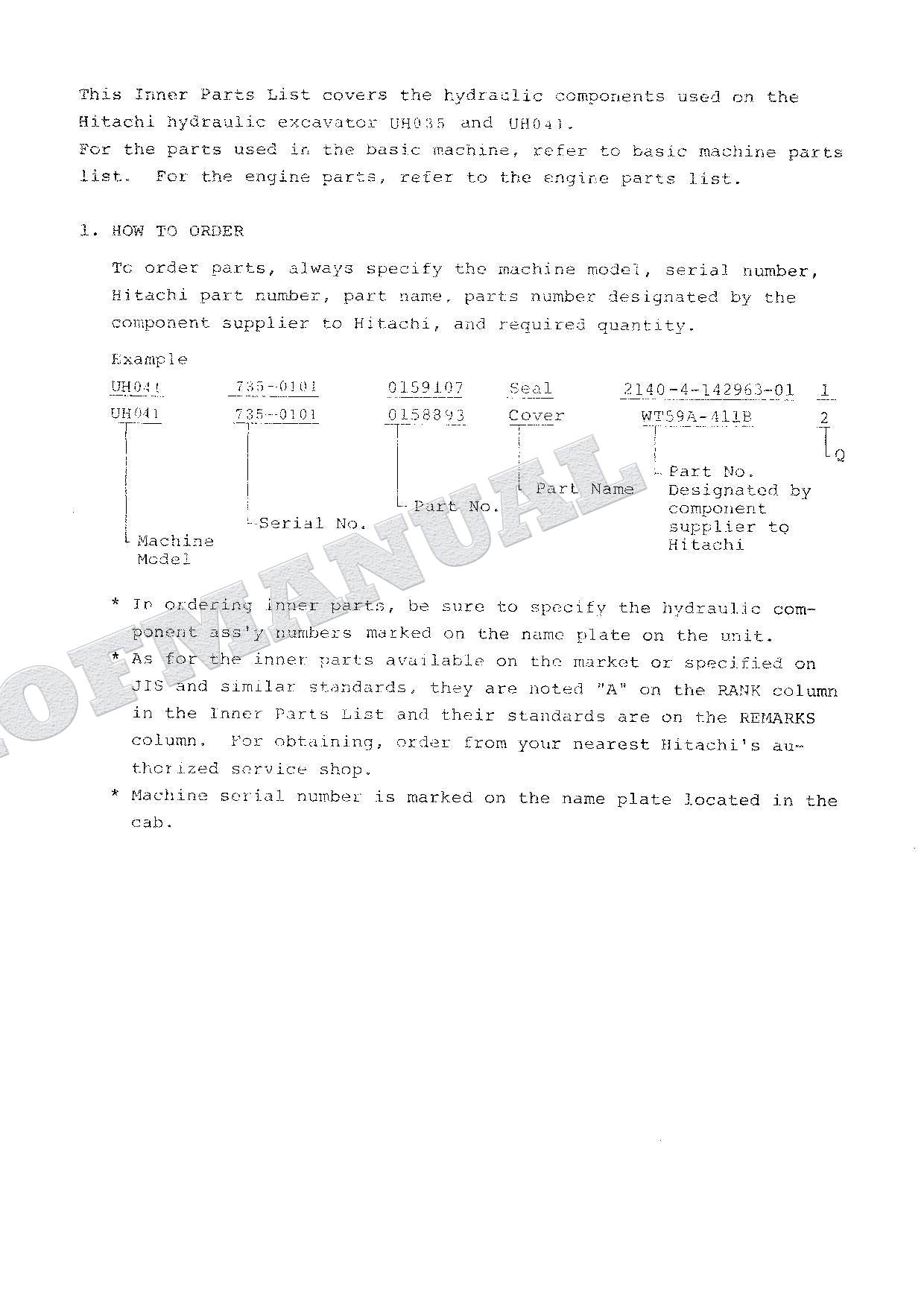 HITACHI UH035 UH041 Equipment Component Excavator Parts Catalog Manual