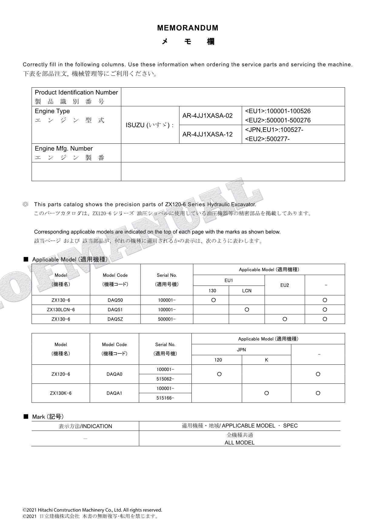 HITACHI ZAXIS ZX120-6 Series Equipment Component Excavator Parts Catalog Manual