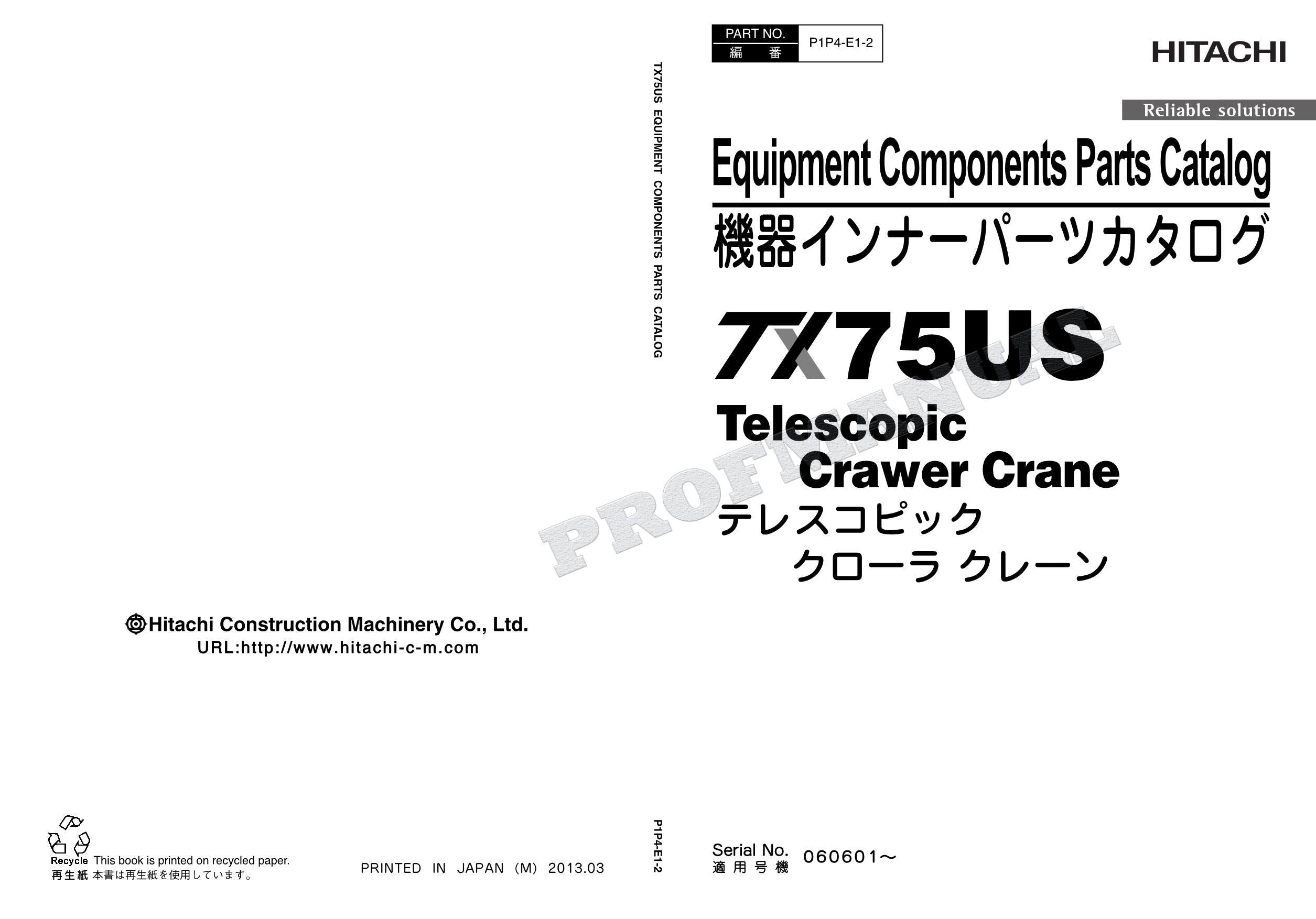 HITACHI TX75US Telescopic Crawer Crane Equipment Component Parts Catalog Manual
