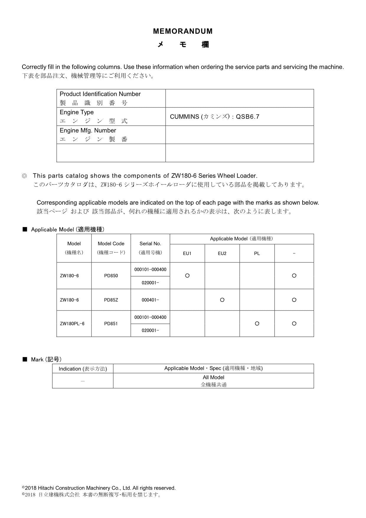Hitachi ZW180-6 ZW180PL-6 Wheel Loader Parts Catalog Manual