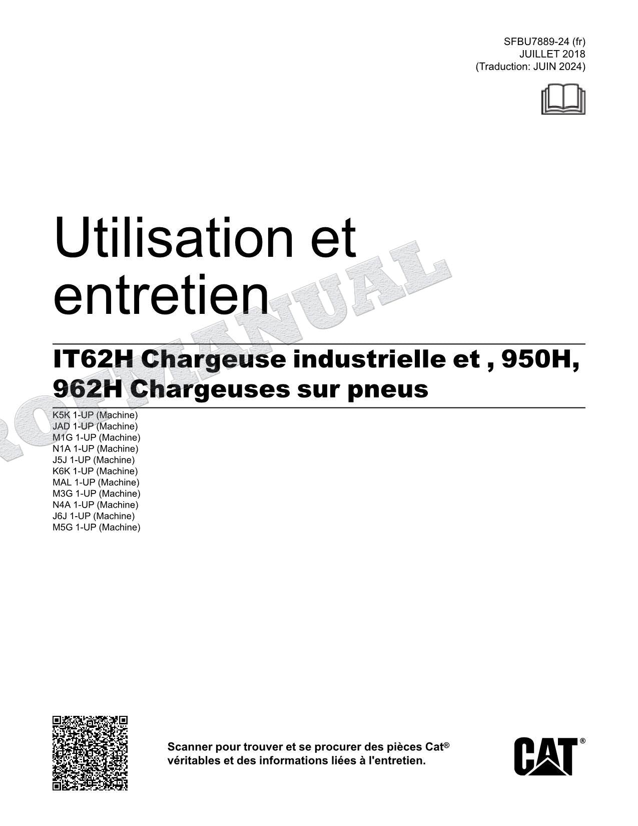 Caterpillar IT62H 950H 962H Chargeuse sur pneus Manuel D'Opération