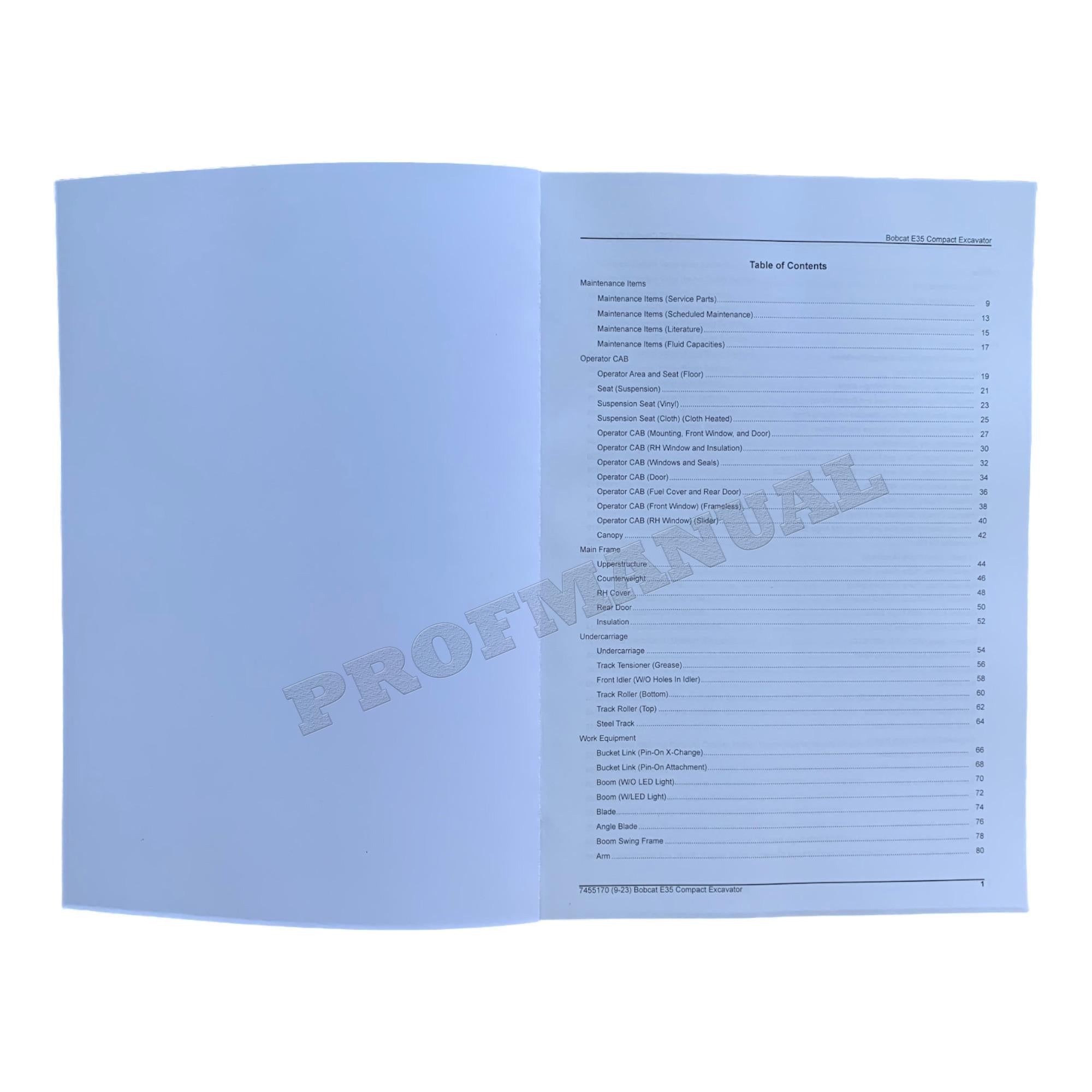 Bobcat E35 Excavator Parts Catalog Manual B57911001-