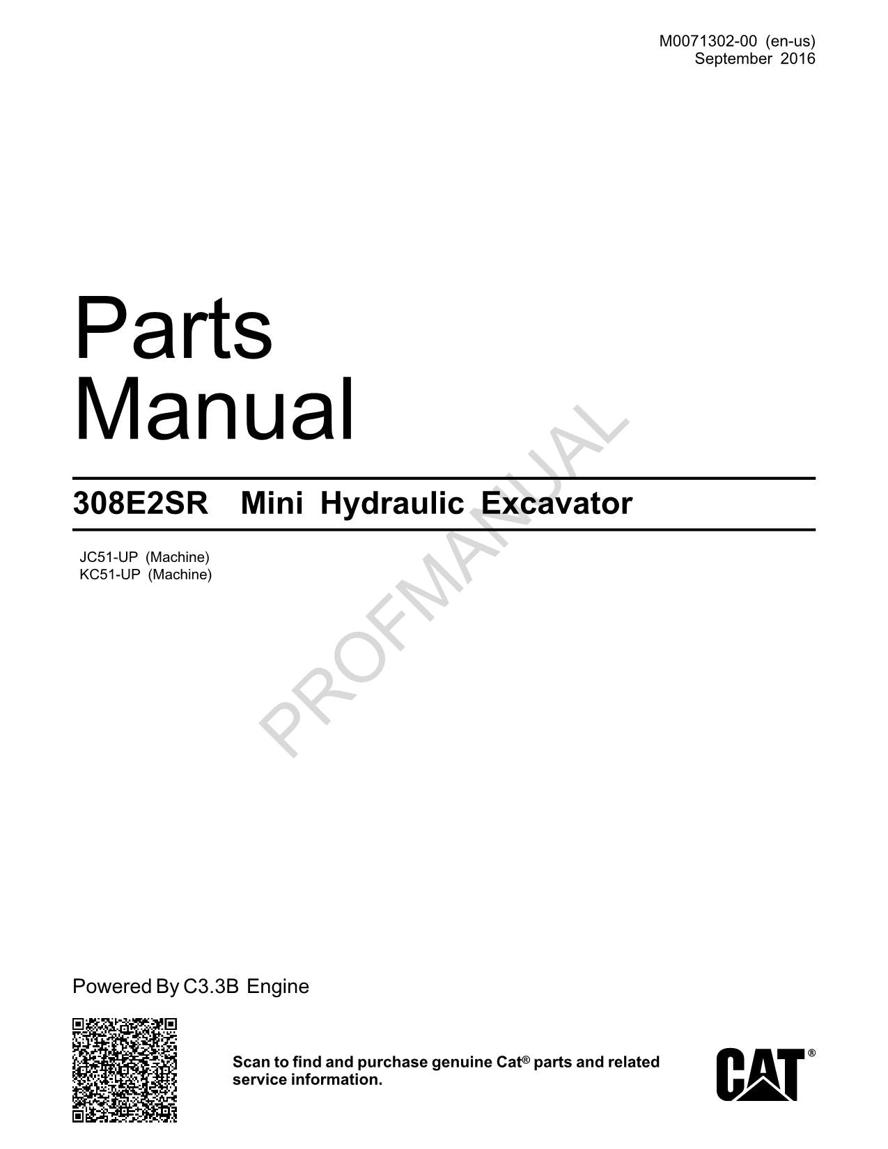 Caterpillar Cat 308E2SR Mini Hydraulic Excavator Parts Catalog Manual