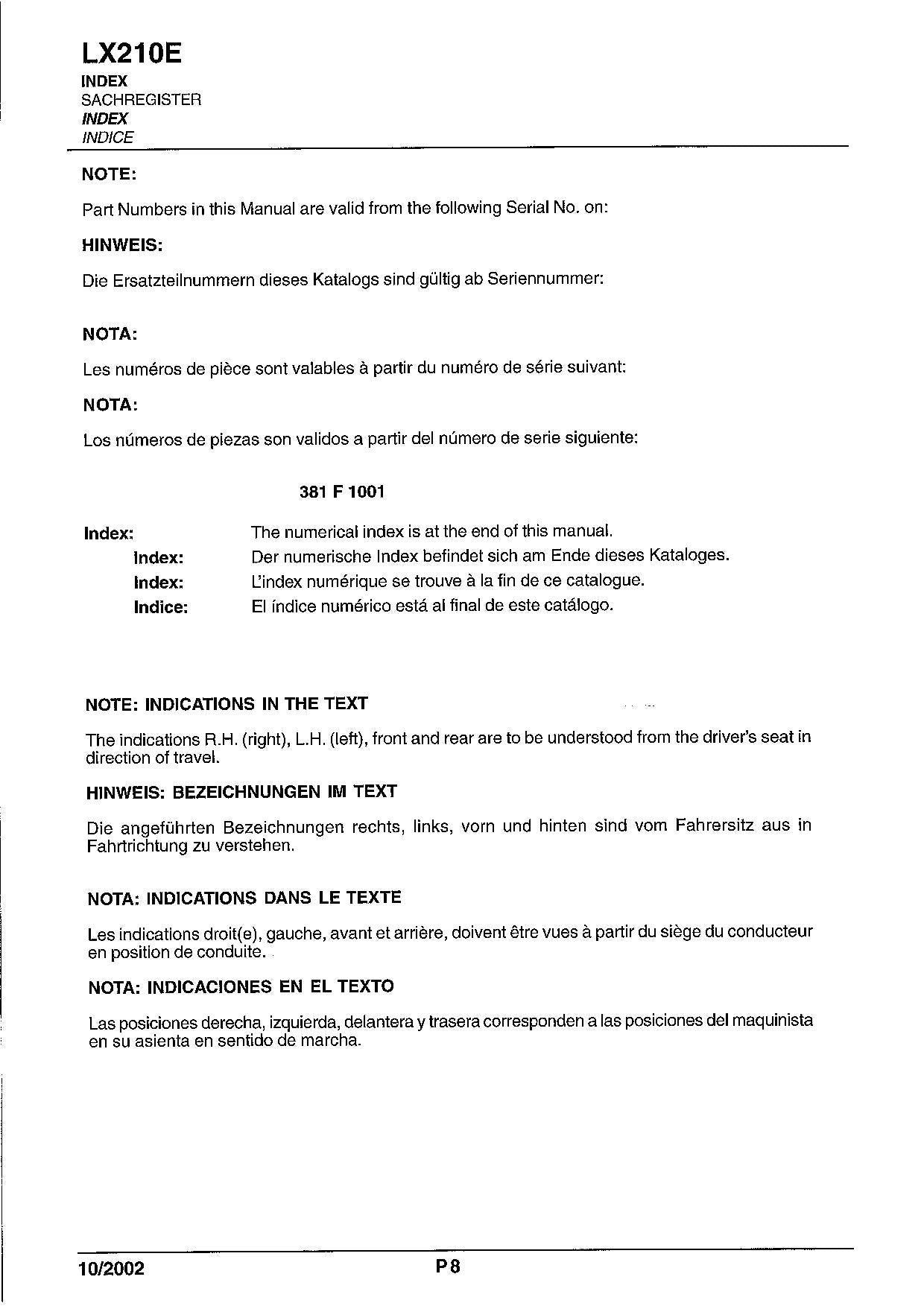 Hitachi LX210E Wheel Loader Parts Catalog Manual SN 381F1001-up