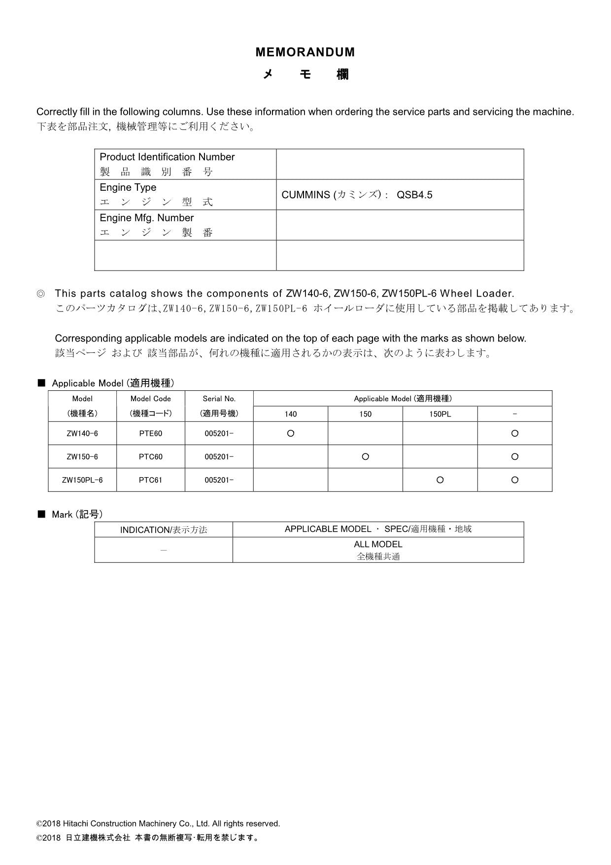 Hitachi ZW140-6 ZW150-6 ZW150PL-6 NA Spec Wheel Loader Parts Catalog Manual