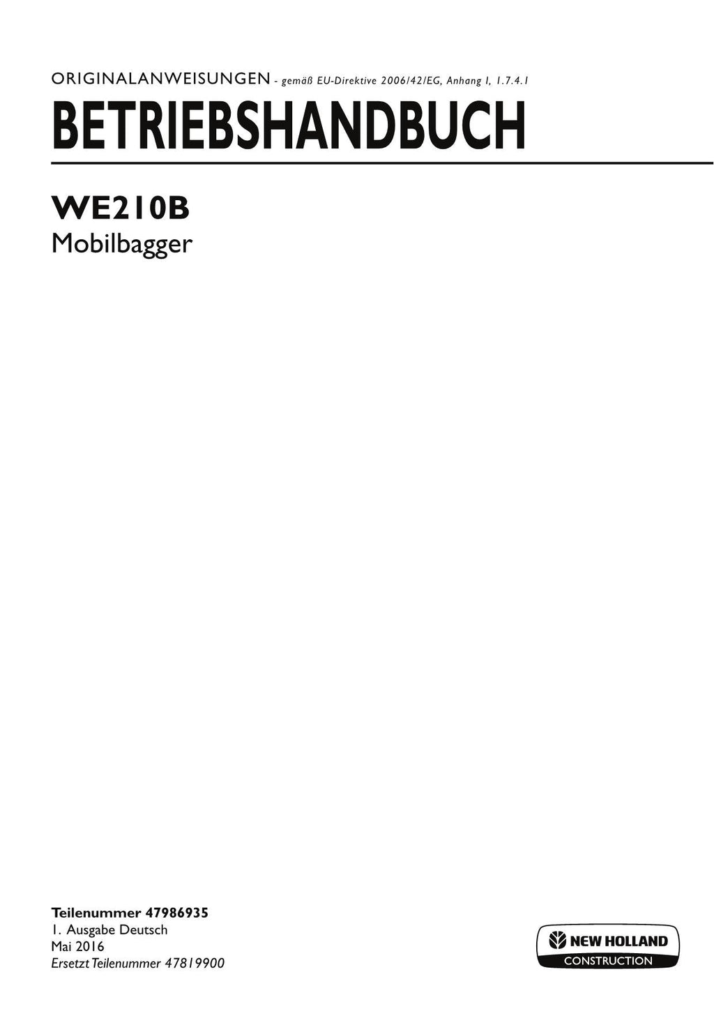 New Holland WE210B Bagger Betriebsanleitung