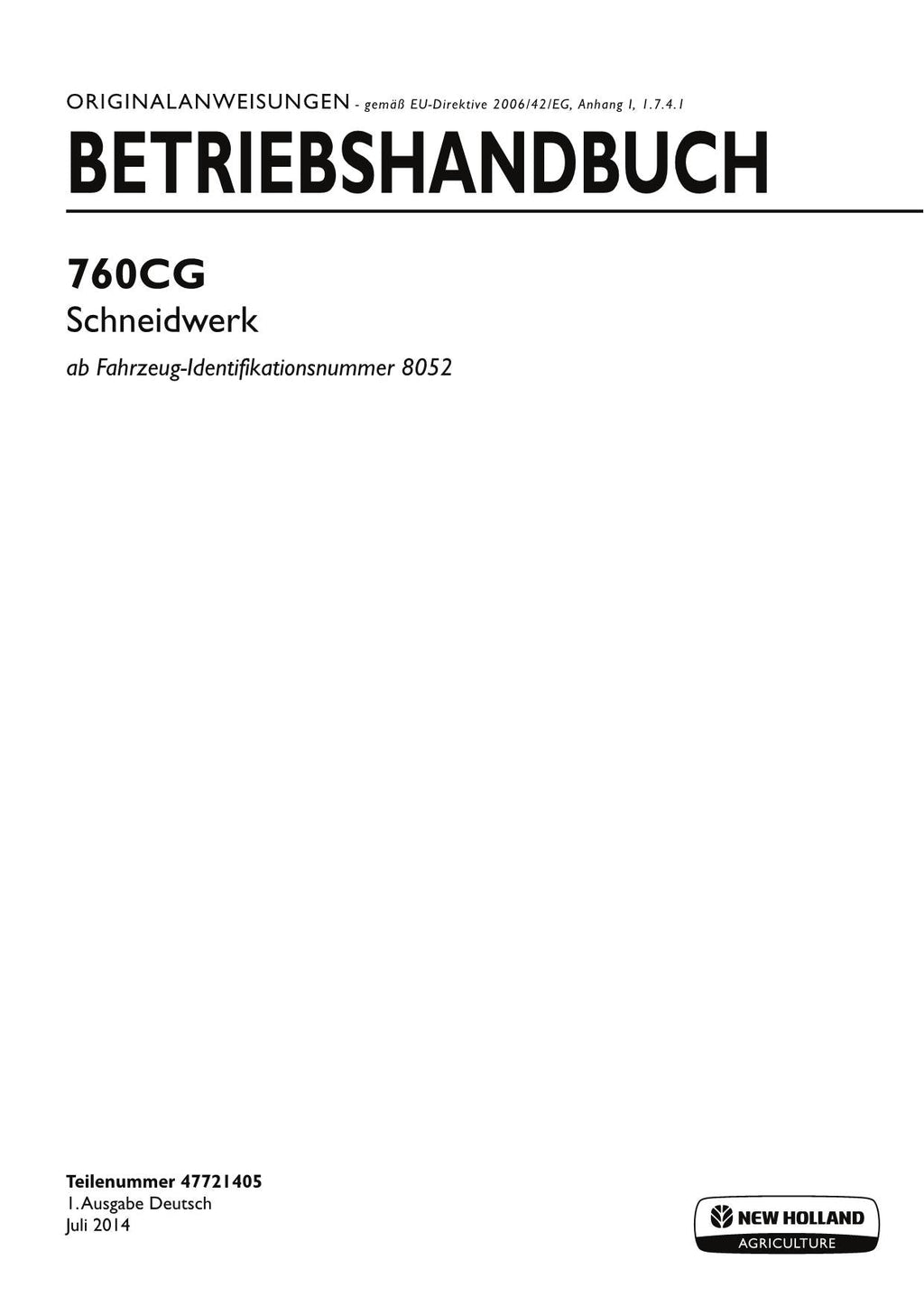 New Holland 760CG Schneidwerk Betriebsanleitung Ab 8052