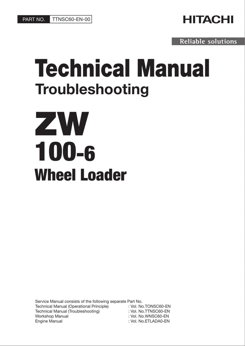 Hitachi ZW100-6 Wheel Loader Technical Manual Troubleshooting +Schematics