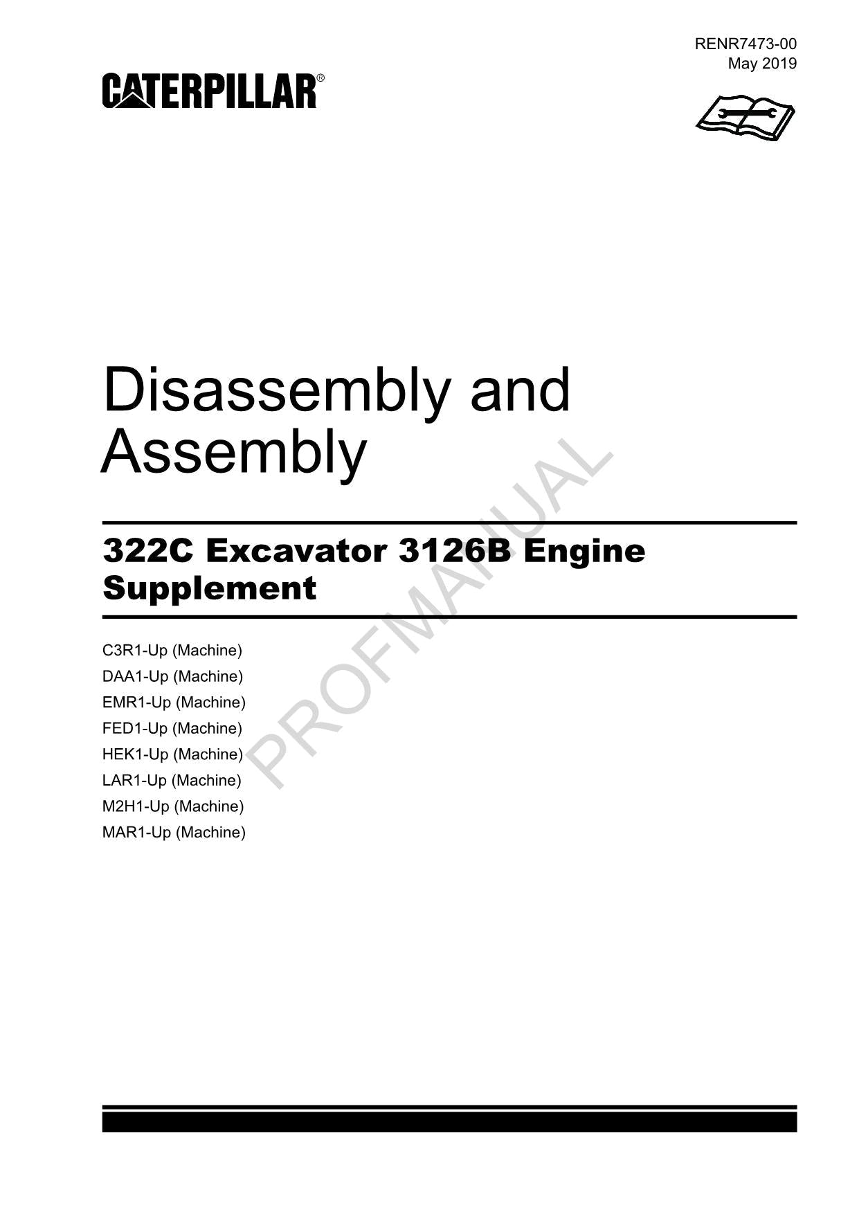 Caterpillar 322C Excavator 3126B Engine Supplement Disassembly Assembly Manual
