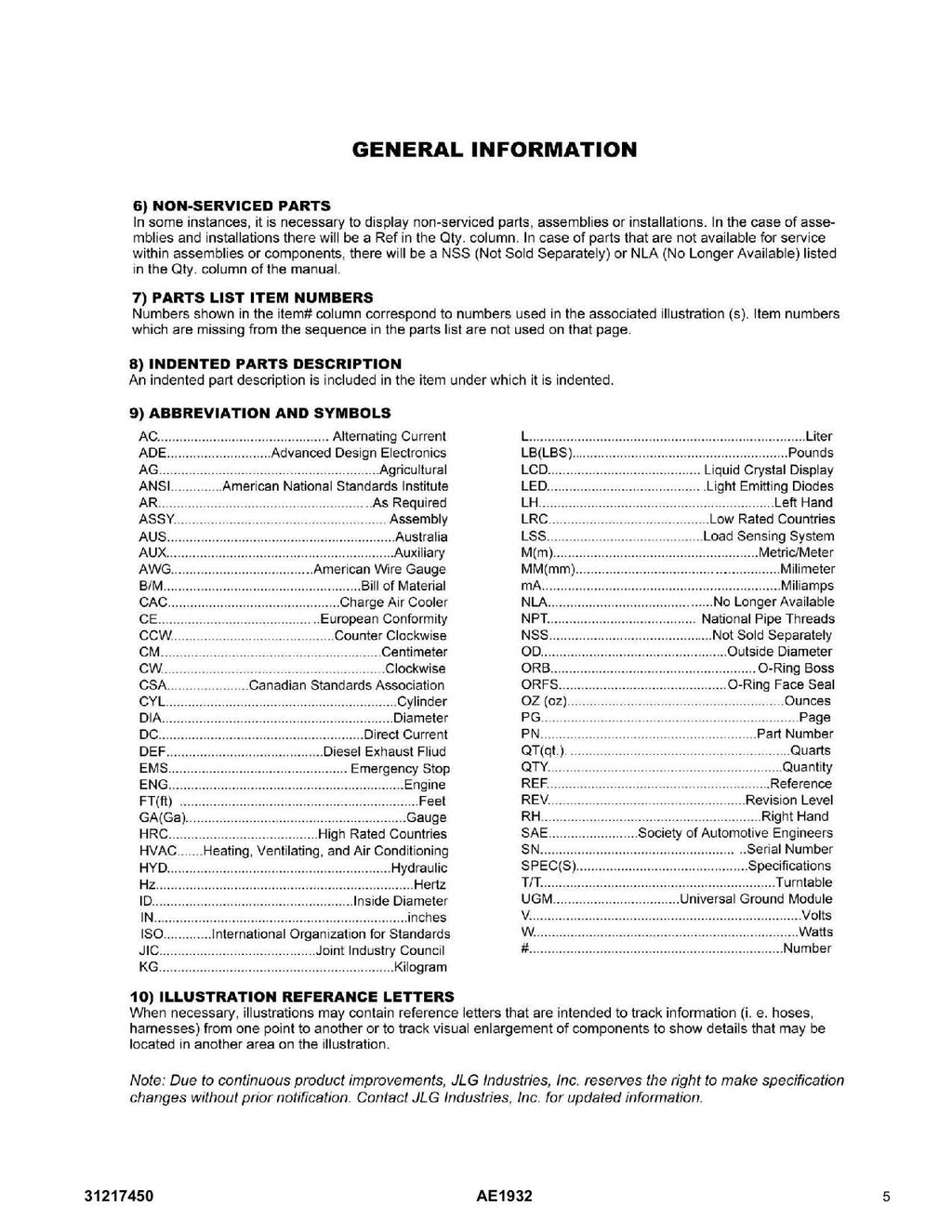 JLG AE1932  Scissor Lift Parts Catalog Manual