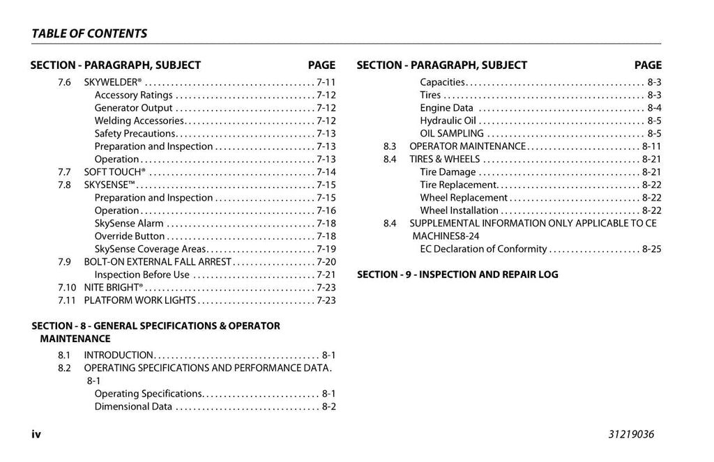 JLG 1500SJ Boom Lift Maintenance Operation Operators Manual 31219036
