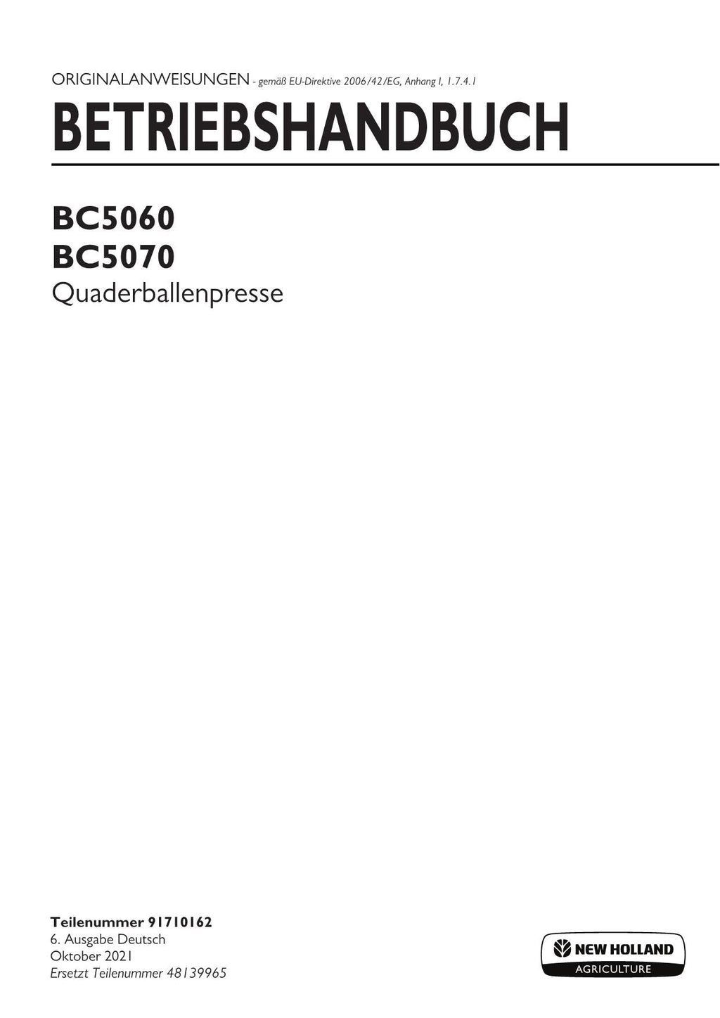 New Holland BC5060 BC5070 Quaderballenpresse Betriebsanleitung 91710162
