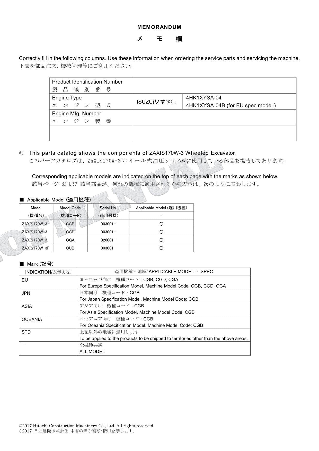HITACHI ZAXIS ZX170W-3 Excavator Parts Catalog Manual