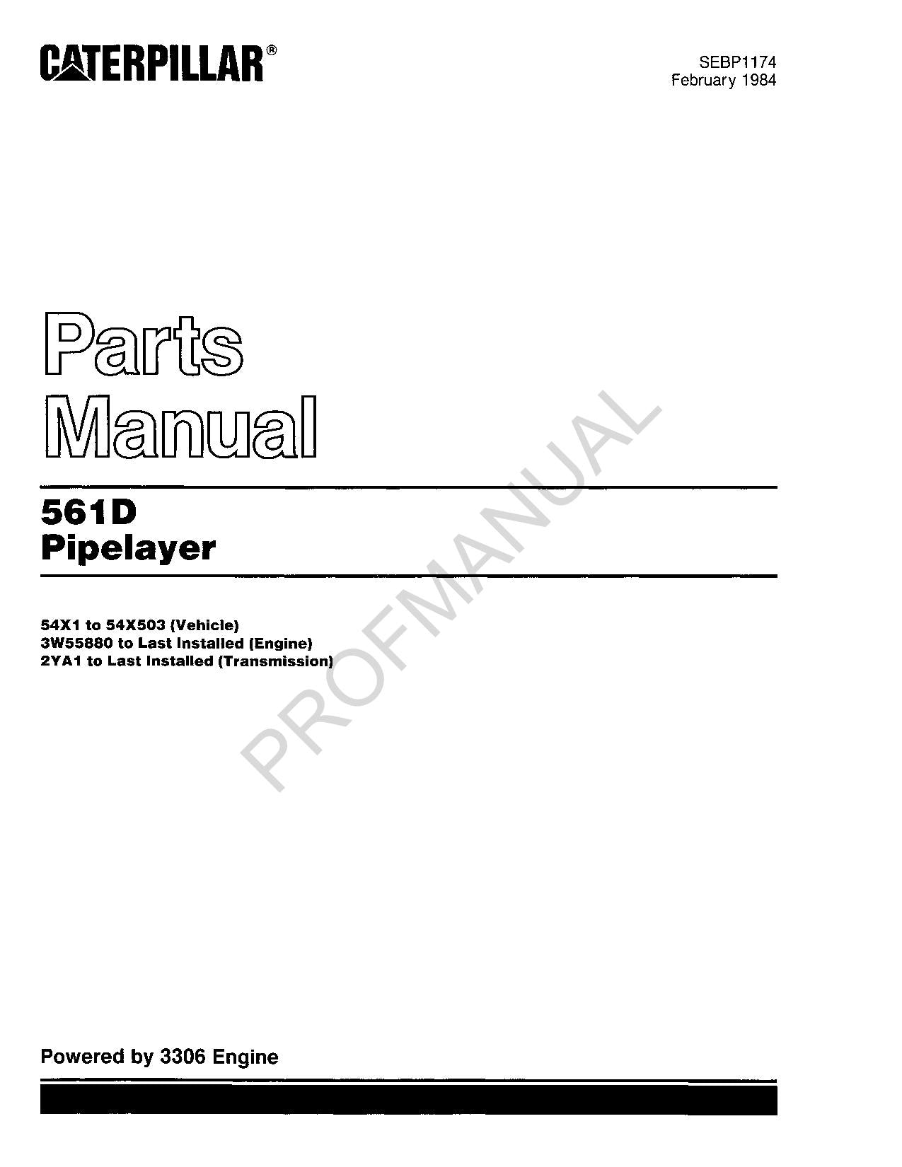 Caterpillar 561D Pipelayer Parts Catalog Manual ser 54X1-54X503 2YA1- 3W55880- and Up