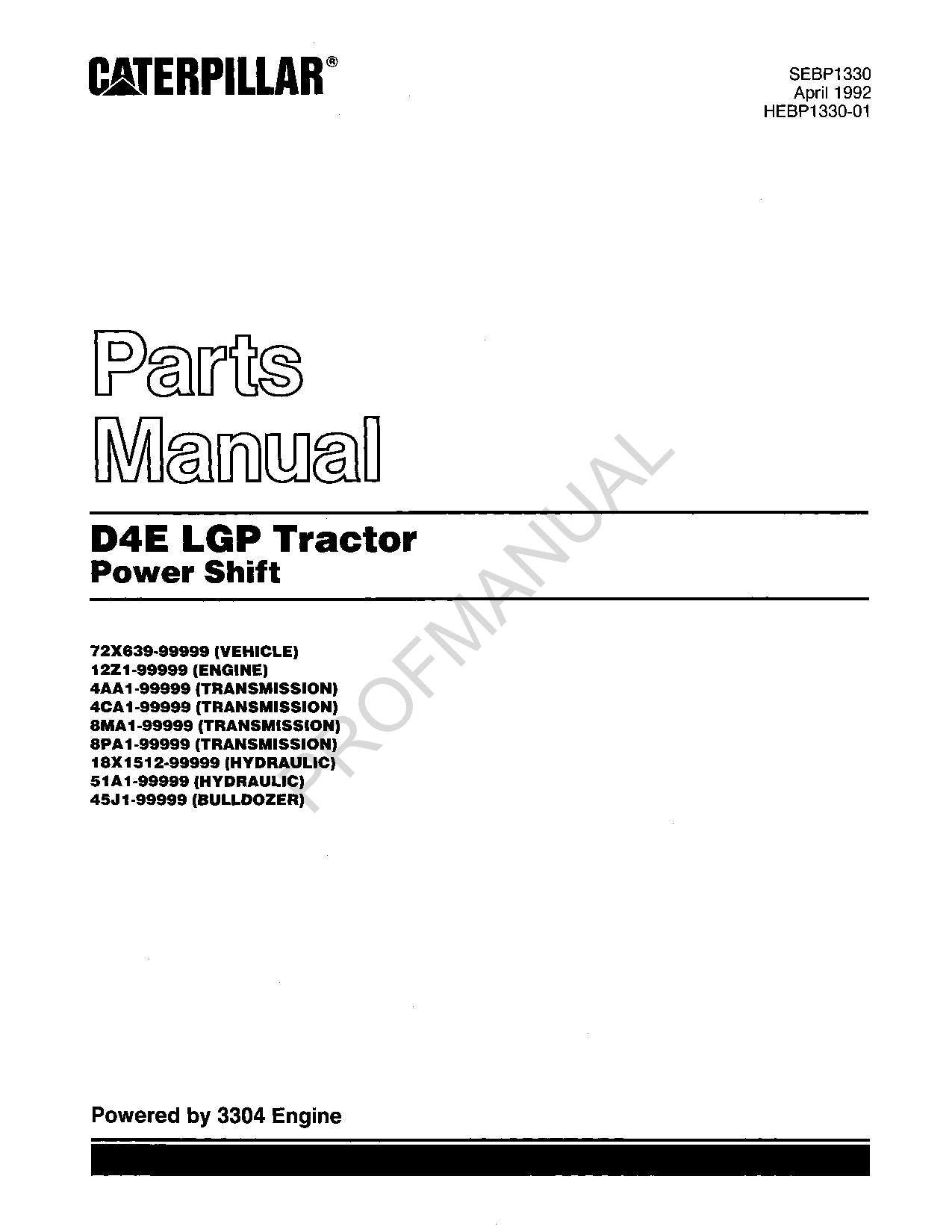 Caterpillar Cat D4E LGP Tractor Power Shift Parts Catalog Manual SEBP1330