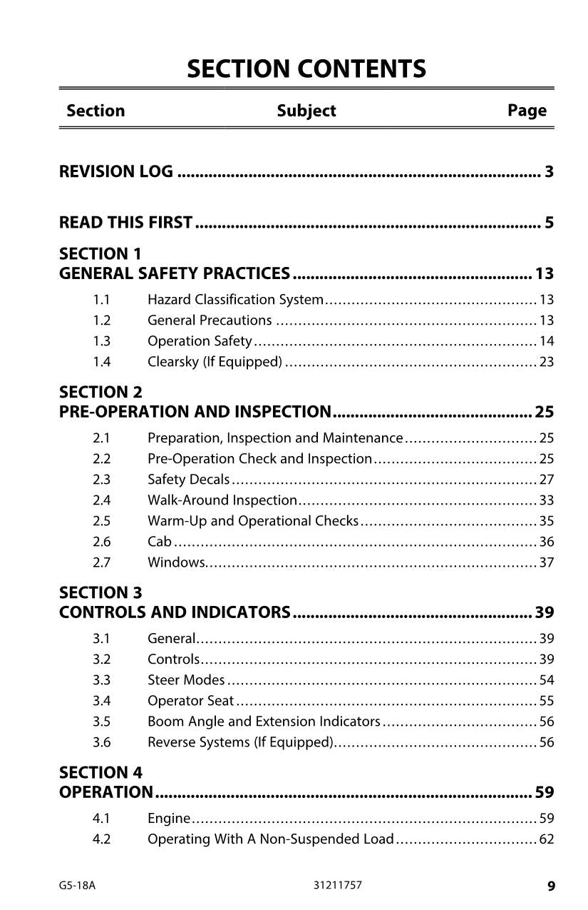 Manual del operador de mantenimiento y operación del manipulador telescópico JLG G5-18A 31211757