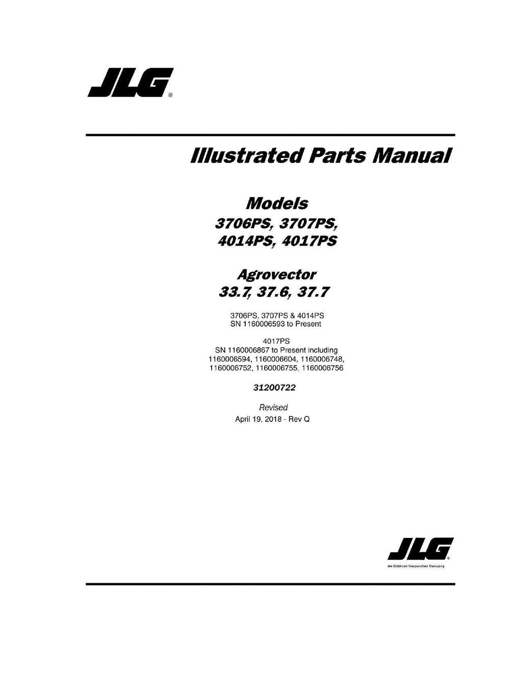 JLG 33.7 37.6 37.7 3706PS 3707PS 4014PS 4017PS Telehandler Parts Catalog Manual