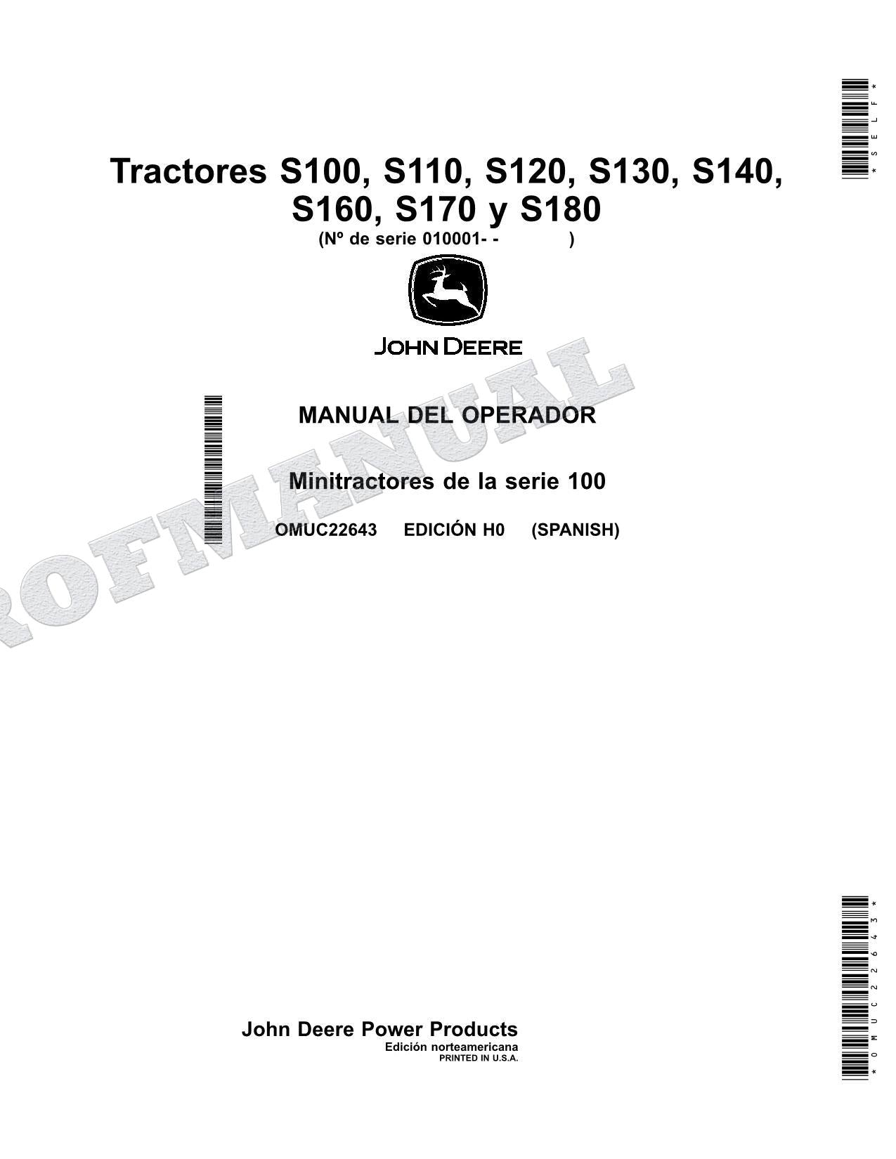 John Deere S180 S170 S100 S120 S110 S140 S130 S160 Tractor Manual del Operador